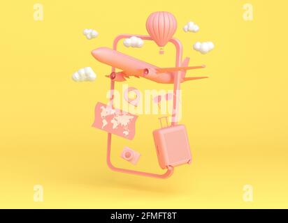 Smartphone rose avec objets de voyage : avion, ballon d'air, carte, lunettes de soleil, appareil photo et sac sur fond jaune. rendu 3d Banque D'Images