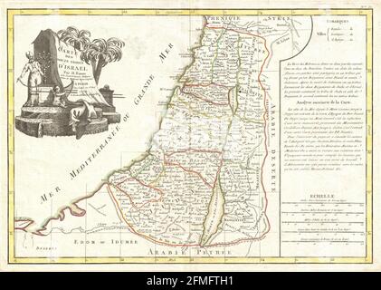 Carte ancienne gravée en cuivre d'Israël et de Palestine du XVIIIe siècle. Toutes les cartes sont magnifiquement colorées et illustrées montrant le monde à l'époque. Banque D'Images