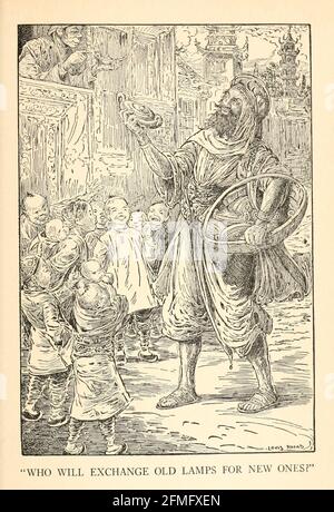 Who will Exchange Old Lamps for New Ones from the Arabian Nairesatenments ' Test and illustrations by Louis Rhead, publié à New York par Harper & Brothers en 1916. Pour sauver sa vie, Sheherazade divertit le sultan en lui racontant des histoires merveilleuses Banque D'Images