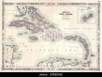 Carte ancienne gravée en cuivre des Antilles du XIXe siècle. Toutes les cartes sont magnifiquement colorées et illustrées montrant le monde à l'époque. Banque D'Images