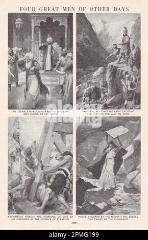 Illustrations / peintures anciennes de Haroun-Al-Raschid, Hannibal, Archimedes et Moïse. Banque D'Images