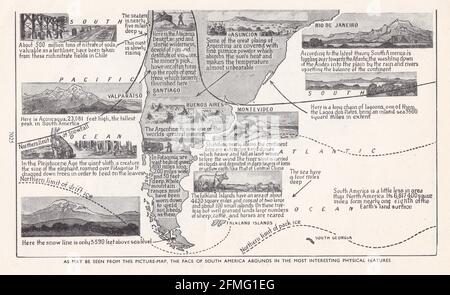 Carte d'image d'époque de l'Amérique du Sud montrant ses caractéristiques physiques des années 1940. Banque D'Images