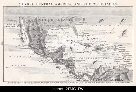 Carte d'époque avec vue panoramique sur le Mexique, l'Amérique centrale et les Antilles des années 1940 Banque D'Images