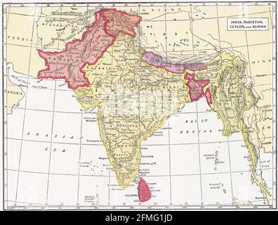 Carte ancienne de l'Inde, du Pakistan, de Ceylan et de la Birmanie des années 1930. Banque D'Images