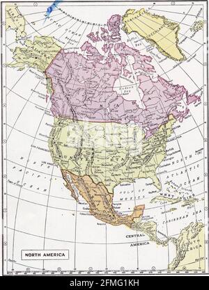 Carte d'époque de l'Amérique du Nord des années 1940. Banque D'Images