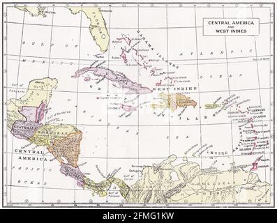 Carte d'époque de l'Amérique centrale et des Antilles des années 1930. Banque D'Images