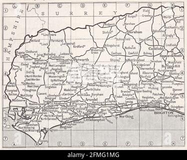 Carte ancienne de West Sussex, Royaume-Uni des années 1930 Banque D'Images