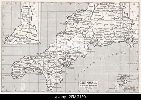 Carte ancienne de Cornwall, Royaume-Uni des années 1930 Banque D'Images