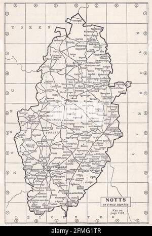 Carte vintage de Notts, Royaume-Uni des années 1930 Banque D'Images