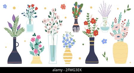 Ensemble de fleurs de printemps brillantes dans des vases et des bouteilles isolées sur un fond blanc. Illustration vectorielle plate de dessin animé. Illustration de Vecteur