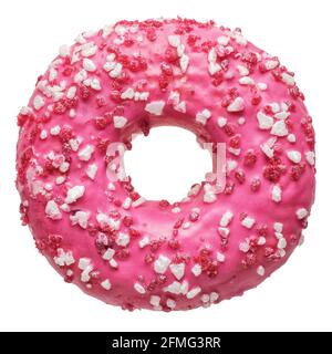 Objets isolés : un seul donut de fraise rose frais, sur fond blanc Banque D'Images