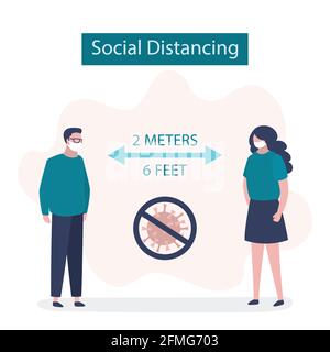 Distanciation sociale, deux personnes gardant la distance pour le risque d'infection et la maladie. 2 mètres ou 6 pieds de distance entre les humains.bannière de prévention Covid-19. Illustration de Vecteur