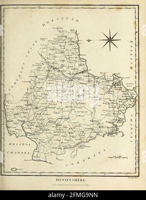 Devon (également connu sous le nom de Devonshire) est un comté d'Angleterre, allant du canal de Bristol au nord jusqu'au canal anglais au sud. Elle fait partie du sud-ouest de l'Angleterre, délimitée par Cornwall à l'ouest, Somerset au nord-est et Dorset à l'est. La ville d'Exeter est la ville du comté. Le comté comprend les districts d'East Devon, Mid Devon, North Devon, South Hams, Teignbridge, Torridge et West Devon. Plymouth et Torbay font partie du Devon, mais sont administrées en tant qu'autorités unitaires.[gravure de Copperplate de l'Encyclopedia Londinensis or, Universal dict Banque D'Images