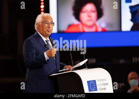 09 mai 2021, France, Straßburg: António Costa (PS), Premier ministre du Portugal, s'exprime lors de la cérémonie d'ouverture de la Conférence sur l'avenir de l'Europe au Parlement européen. Après des mois de préparation, la Conférence sur l'avenir de l'Europe est officiellement lancée aujourd'hui. La conférence, qui se tiendra jusqu'au printemps 2022, s'appuie également sur des dialogues avec les citoyens, y compris via une plate-forme en ligne. Photo: Philipp von Ditfurth/dpa Banque D'Images