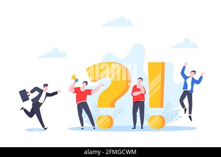 Concept Q et A ou FAQ avec de minuscules personnages, une grande question et un point d'exclamation, un modèle de questions fréquemment posées. Illustration de Vecteur