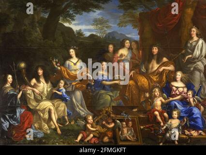 Jean Nocret - Louis XIV et famille royale - de droite - Henrietta Maria de France, reine d'Angleterre; duc Filippo d'Orléans (Monsieur); sa fille Maria Luisa d'Orléans; sa femme Henrietta Anna Stuart, duchesse d'Orléans et princesse d'Angleterre; la reine mère Anne d'Autriche; Sur la photo, les fils décédés du roi; le roi Louis XIV; le dauphin Luigi; la reine Maria Theresa d'Espagne; Anna Maria Luisa d'Orléans (la grande Mademoiselle) Banque D'Images