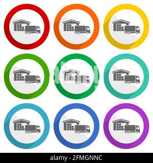 Entrepôt et camion, livraison, icônes vecteur de concept de fret, jeu de boutons plats colorés pour la conception web et les applications mobiles Illustration de Vecteur