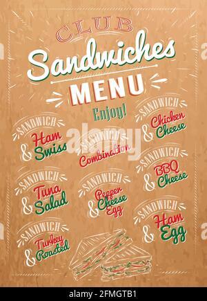 Menu sandwiches les noms des sandwiches, jambon suisse, fromage de poulet, salade de thon, fromage barbecue, œufs de jambon, fromage de poivre eeg, rôti de dinde concevoir un menu Illustration de Vecteur