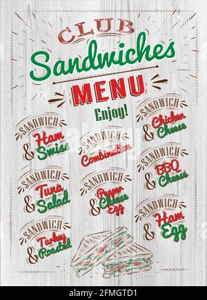 Menu sandwiches les noms des sandwiches, jambon suisse, fromage de poulet, salade de thon, fromage barbecue, œufs de jambon, fromage de poivre eeg, rôti de dinde concevoir un menu Illustration de Vecteur