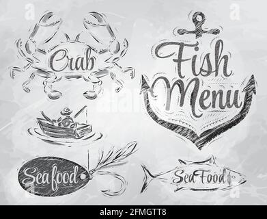 Ensemble de fruits de mer et menu de poisson avec pêcheur de crabe et poisson et ancre appâtés crochet et stylisé pour le dessin de charbon de bois sur la carte Illustration de Vecteur