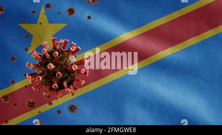 3D, démocratie drapeau congolais agitant et coronavirus 2019 nCov concept. Épidémie asiatique en République démocratique du Congo, coronavirus influenza comme dang Banque D'Images