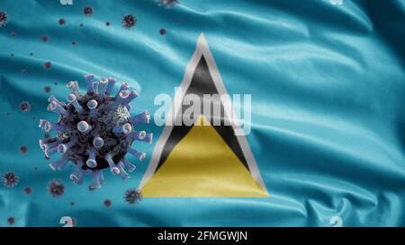 3D, le drapeau St Lucian agitant et le concept de coronavirus 2019 nCov. Éclosion asiatique à Sainte-Lucie, coronavirus influenza comme cas dangereux de souche de grippe comme a Banque D'Images