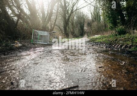 Abandonné le chariot à provisions abandonné dans l'eau débordante sur un domaine de logement en Angleterre Banque D'Images