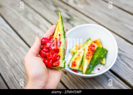 Gros plan de la main de femme tenant des graines de légumes rouges de melon amer revêtement qui a le goût et ressemble à des poivrons rouges rôtis avec arrière-plan de la plaque Banque D'Images