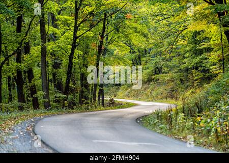 Automne saison d'automne forêt d'arbres verts en Virginie occidentale avec chemin pavé sinueux et escarpé vers le lac Spruce Knob, surplombe et sentiers de randonnée avec des terres de personne Banque D'Images