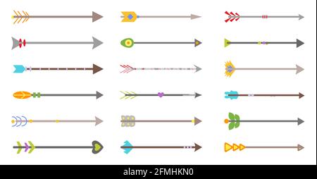 Flèches colorées médiévales noeud vecteur couleur plat. Armes fantaisie pour menu, bloc-notes. Flèche de taille basse avec plumes dans différents styles pour les vêtements. Atteindre la cible. Pointeur Illustration de Vecteur