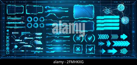 Éléments d'interface numérique SCI-fi HUD pour jeu, interface utilisateur, UX, KIT. Interface utilisateur futuriste, écrans de cadre, titres des repères, jeu de cercles FUI, barres de chargement Illustration de Vecteur