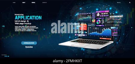 Bannière Web moderne. Analyse des données d'entreprise et des investissements sur ordinateur portable avec interface utilisateur de tableau de bord. Site Web et version mobile Web. Bannière isométrique avec Illustration de Vecteur