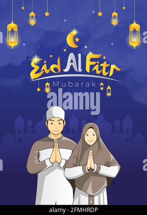 Illustration vectorielle de la carte de vœux Eid Mubarak avec un couple musulman Illustration de Vecteur