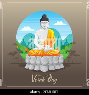 Carte de vœux Vesak avec statue de bouddha méditant Illustration de Vecteur