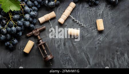 De nombreuses variétés de tire-bouchons avec bouchons ouverts sur fond de béton foncé, raisins noirs. Dégustation de vins boisson. Tire-bouchons Banque D'Images