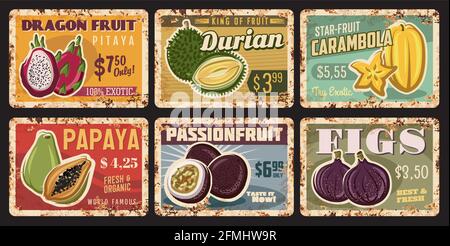 Fruits tropicaux plaques de métal rouillé, panneaux de boîte de rouille vintage vecteur avec fruits exotiques mûrs. Frais et doux tropical durian, carambola et papaye prix Illustration de Vecteur