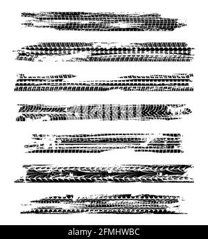 Pneus de voiture traces impression, roues de véhicule vector bandes de roulement. Protection pour moto ou camion pistes sales, traces de caoutchouc. Transport, sport automobile tout-terrain Illustration de Vecteur