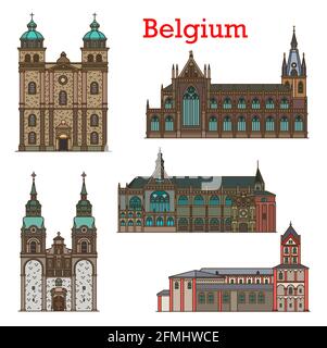 Monuments belges, cathédrale et église à Liège et Eupen, voyage en ville belge, icônes vectorielles. Architecture belge de St Nicholas, Eglise Saint-Parisoner Illustration de Vecteur