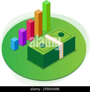 Investissement Isométrique moderne Illustration Vector avec l'argent et l'augmentation de la barre Graphique Illustration de Vecteur