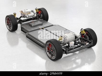 Châssis de véhicule électrique avec deux moteurs et système de batterie isolé sur fond blanc. Image de rendu 3D. Banque D'Images