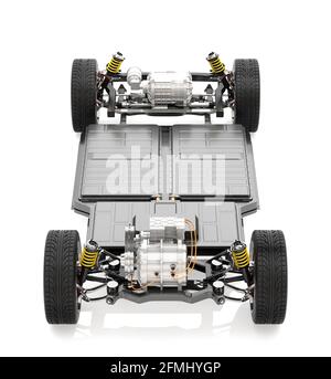 Châssis de véhicule électrique avec deux moteurs et système de batterie isolé sur fond blanc. Image de rendu 3D. Banque D'Images