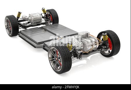 Châssis de véhicule électrique avec deux moteurs et système de batterie isolé sur fond blanc. Image de rendu 3D. Banque D'Images