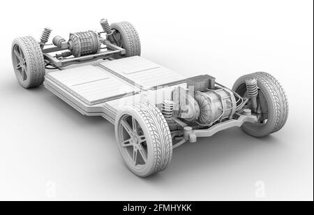 Rendu en argile du châssis du véhicule électrique avec deux moteurs et système de batterie. Image de rendu 3D. Banque D'Images