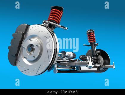 Suspension et frein de voiture isolés sur fond bleu. Image de rendu 3D. Banque D'Images