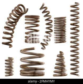 Ressorts en métal rouillé, anciennes bobines sales pour lit ou voiture, pièces flexibles en spirale isolées sur fond blanc. Objets d'équipement de garage industriel ou mécanique en acier, ensemble vectoriel 3d réaliste, clip art Illustration de Vecteur