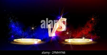 Contre le design de l'écran avec des podiums dorés pour les combats de jeu, la compétition sportive et le défi. Modèle vectoriel de titre avec symboles VS or et plates-formes rondes avec lueur rouge et bleue et sparkles Illustration de Vecteur