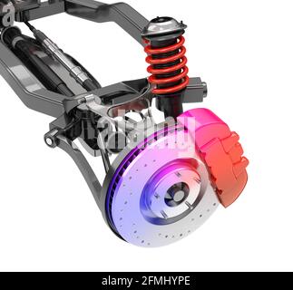 Suspension et frein de voiture isolés sur fond blanc. Image de rendu 3D. Banque D'Images