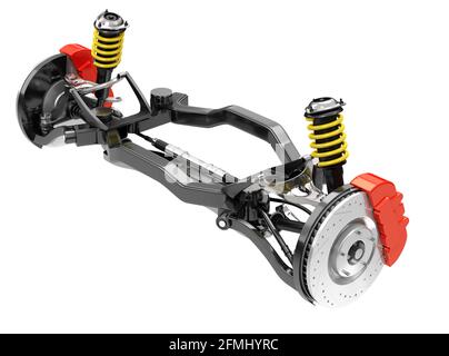 Suspension et frein de voiture isolés sur fond blanc. Image de rendu 3D. Banque D'Images