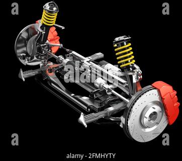 Suspension et frein de voiture isolés sur fond noir. Image de rendu 3D. Banque D'Images