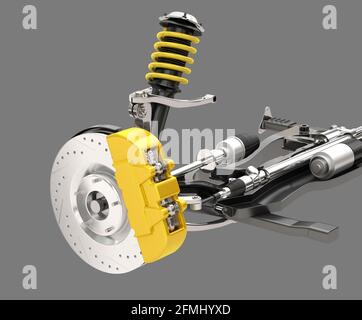 Suspension et frein de voiture isolés sur fond gris. Image de rendu 3D. Banque D'Images